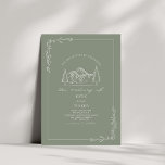 Line Art Rustic Mountains Sage Green Wedding  Invitation<br><div class="desc">Illustration of mountains at top with line art botanical border.  Background is sage green colour.</div>