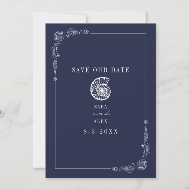 Line Art Seashell Dark Blue Rustic Beach Wedding Save The Date (Front)