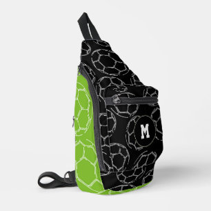 line art soccer balls on green black colour blocks sling bag