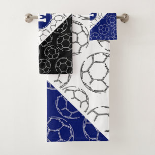 line art soccer balls pattern on blue white black bath towel set