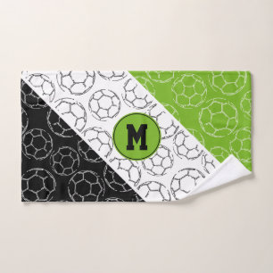 line art soccer balls pattern on green white black bath towel set