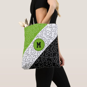 line art soccer balls pattern on green white black tote bag