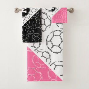 line art soccer balls pattern pink white black bath towel set