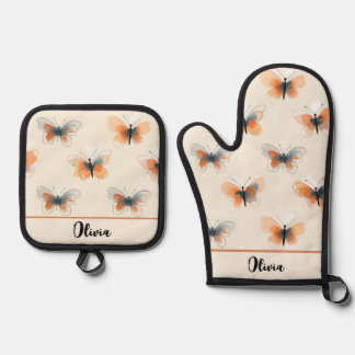 Line Art Stylish Butterflies Oven Mitt & Pot Holder Set