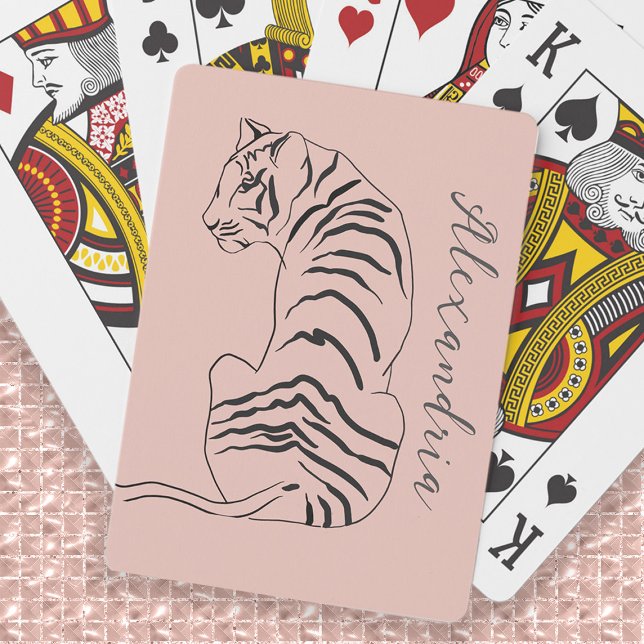Line Art Tiger Blush Pink Name Playing Cards (Line art drawing tiger playing cards personalized with your name or any text you choose.)