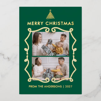 Line Art Tree Whimsical Frame 2 Photo Christmas Foil Holiday Card