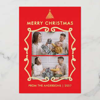 Line Art Tree Whimsical Frame 2 Photo Christmas Foil Holiday Card