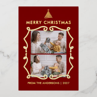 Line Art Tree Whimsical Frame 2 Photo Christmas Foil Holiday Card