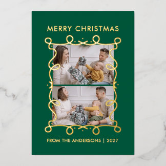 Line Art Tree Whimsical Frame 2 Photo Christmas Foil Holiday Card