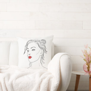 Line Art   Woman in Red Lipstick Throw Pillow