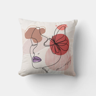 Line Art Woman with Butterfly & Abstract Shapes Throw Pillow