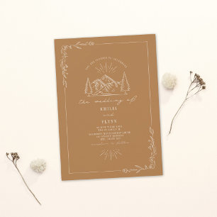Line Art Woodland Mountain Goldenrod Wedding Invitation