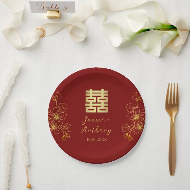 Line cherry blossom Chinese wedding double xi Paper Plate (Wedding)