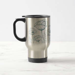 Line draw Poppy Flower & Leaves (Midnight Green) Travel Mug