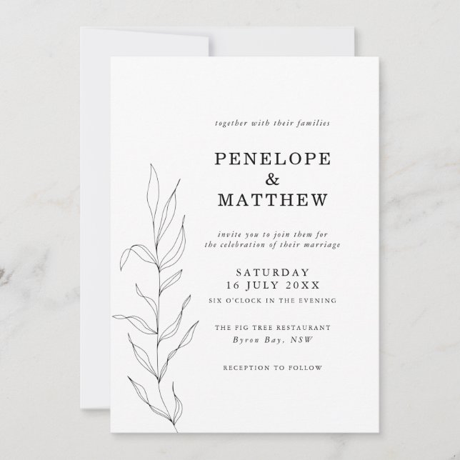 Line Drawing Foliage Leaf Wedding Invitation (Front)