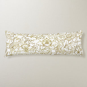 Line Drawing Gold Floral Damasks White Background Body Pillow