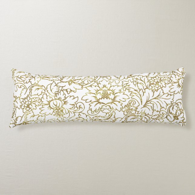 Line Drawing Gold Floral Damasks White Background Body Pillow (Front)