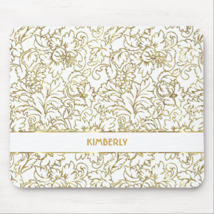 Line Drawing Gold Floral Damasks White Background Mouse Pad