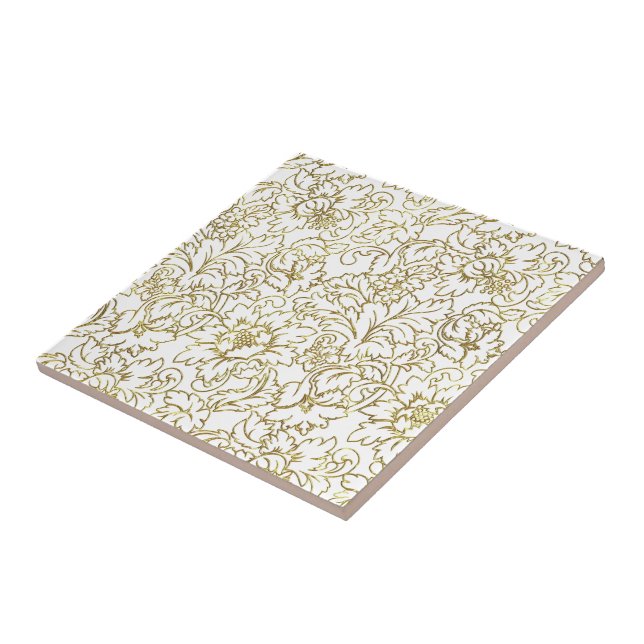 Line Drawing Gold Floral Damasks White Background Tile (Side)