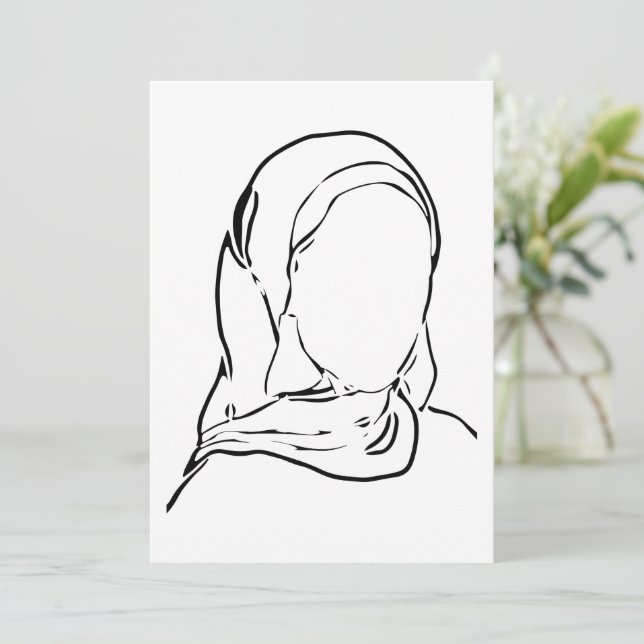Line Drawing Muslim Girl Hijab Arab Woman Isolated Holiday Card (Standing Front)