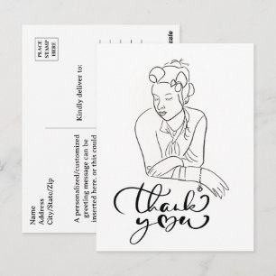 LINE DRAWING of 1940s Woman Thank You  Postcard