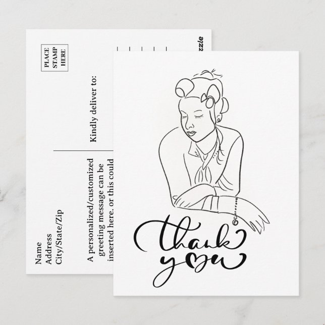 LINE DRAWING of 1940s Woman Thank You  Postcard (Front/Back)