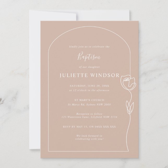 Line Drawing Rose Baptism Invitation (Front)