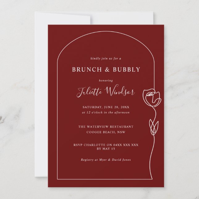 Line Drawing Rose Brunch & Bubbly Invitation (Front)