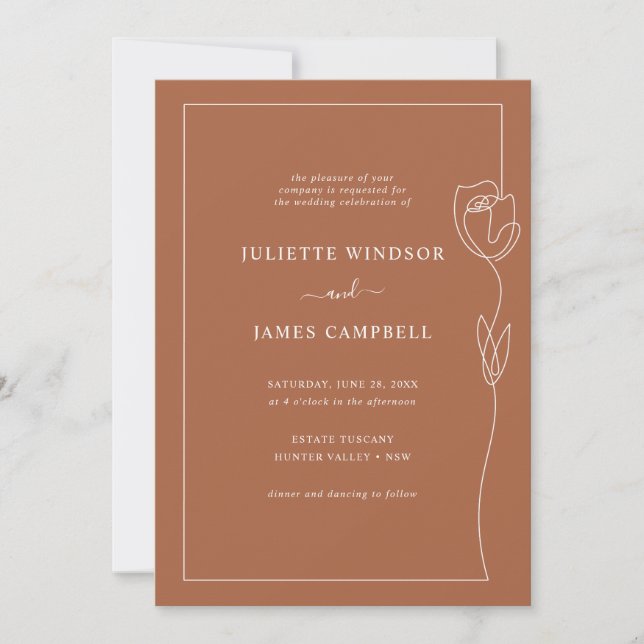 Line Drawing Rose Flower Terracotta Wedding Invitation (Front)