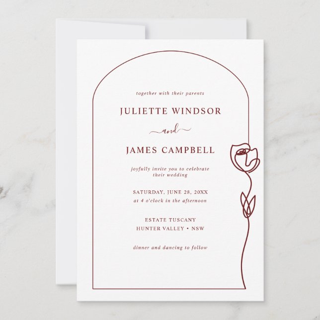 Line Drawing Rose Flower Wedding Invitation (Front)