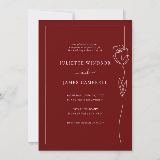 Line Drawing Rose Flower Wine Wedding Invitation (Front)