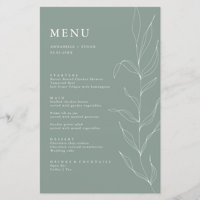 Line Drawing Sage Foliage Menu Card (Front)