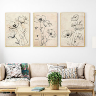Line Drawn Black Wildflowers on Beige Sepia Tone