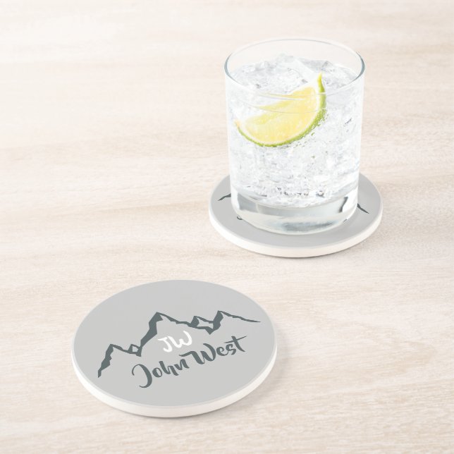 Line drawn mountain range personalizable monogram coaster (Side)