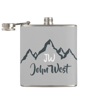 Line drawn mountain range personalizable monogram hip flask