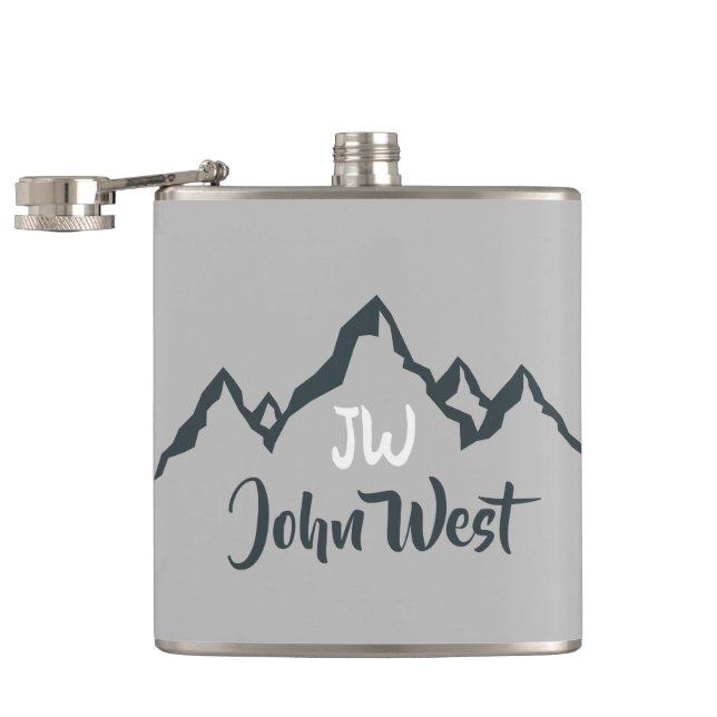 Line drawn mountain range personalizable monogram hip flask (Opened)