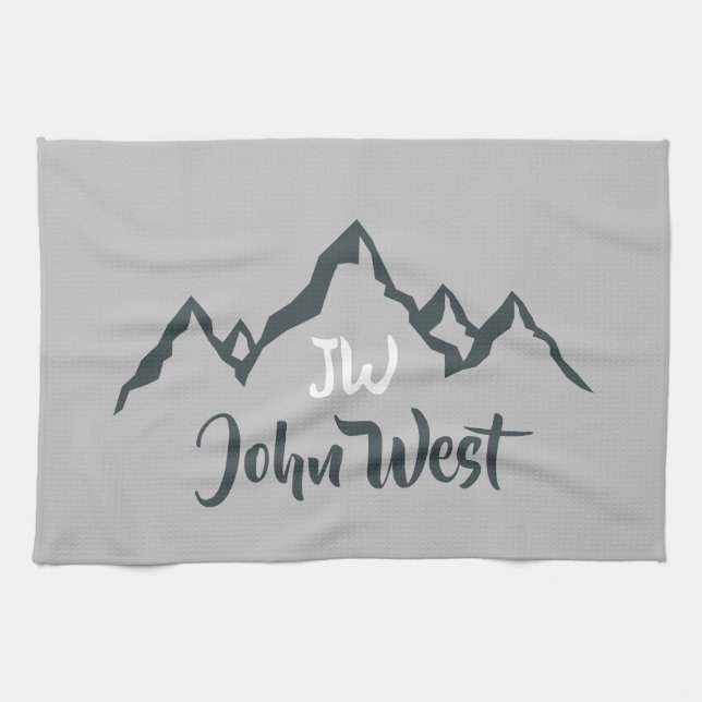 Line drawn mountain range personalizable monogram kitchen towel (Horizontal)