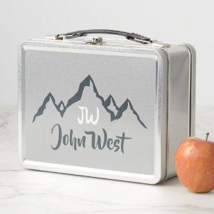 Line drawn mountain range personalizable monogram metal lunch box