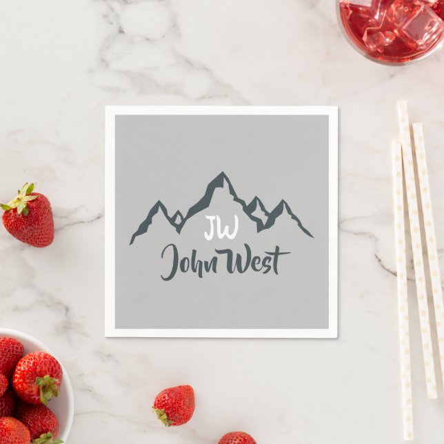 Line drawn mountain range personalizable monogram napkin (Insitu)