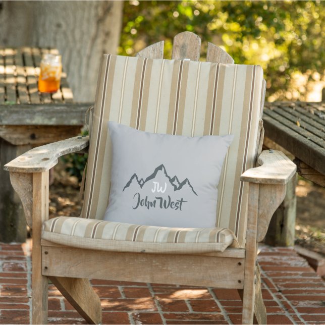 Line drawn mountain range personalizable monogram outdoor pillow (Chair)