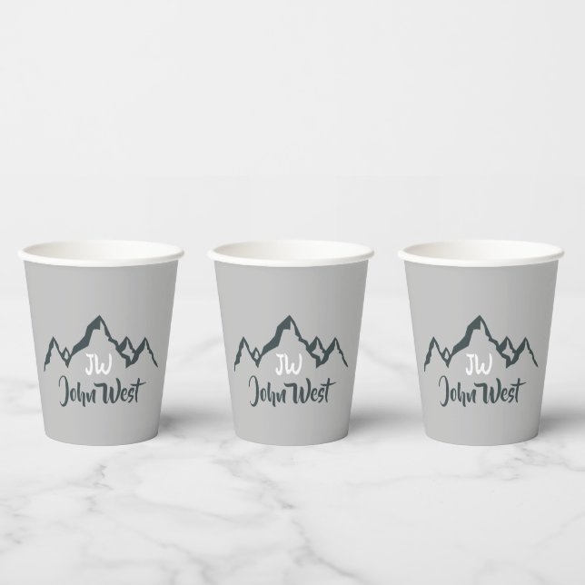 Line drawn mountain range personalizable monogram paper cups (Multi)