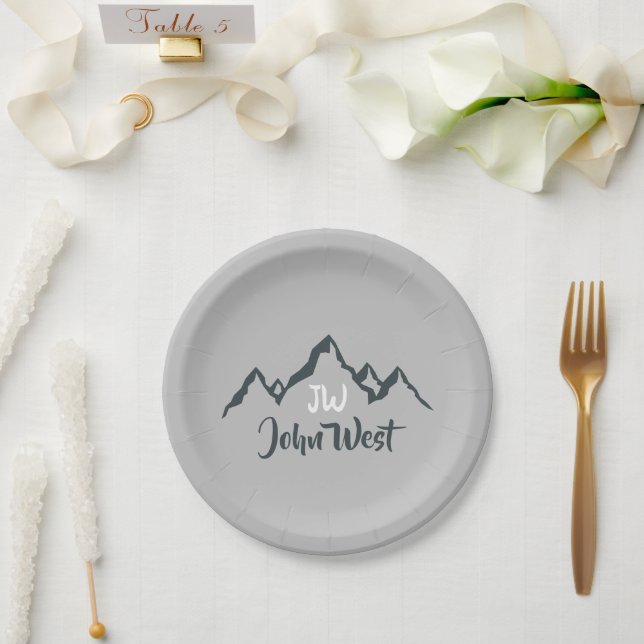 Line drawn mountain range personalizable monogram paper plate (Wedding)