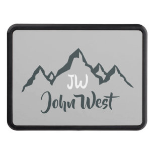 Line drawn mountain range personalizable monogram trailer hitch cover