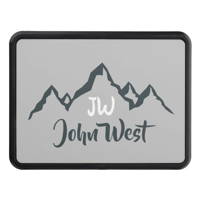 Line drawn mountain range personalizable monogram trailer hitch cover (Front)