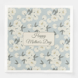 Line Drawn Peony in Cream on Light Blue-Napkin Napkin
