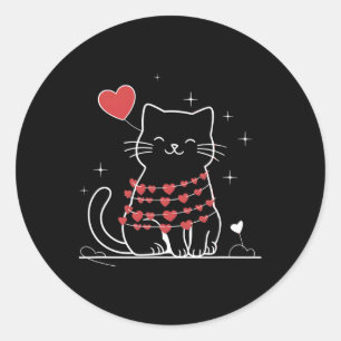 Line Heart Cat Valentines Day Animal Pet Cat Lover Classic Round Sticker