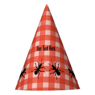 Line of Crawling Black Ants on Red White Plaid Party Hat