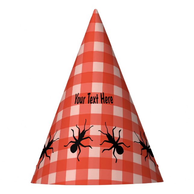 Line of Crawling Black Ants on Red White Plaid Party Hat (Front)