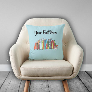 Line of Numerous Colourful Books on Light Blue Throw Pillow