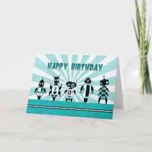 Line of Robots in Front of Sunburst Birthday Card